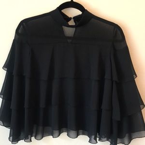 Zara black sheer tiered ruffled top with collar